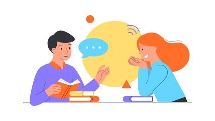 Obraz na płótnie Canvas Storytelling concept. Man tells a friend an interesting story from a book. Character listens carefully. Read classic books. Cartoon doodle flat vector illustration isolated on a white background