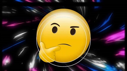 Film reel effect over thinking face emoji against digital waves on black background - Powered by Adobe