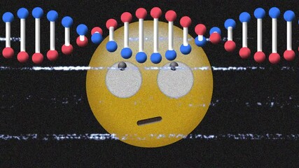 Digital animation of dna structure spinning against confused face emoji on black background