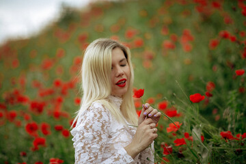 Naklejka premium beautiful girl in a field with red poppies in a transparent bodysuit