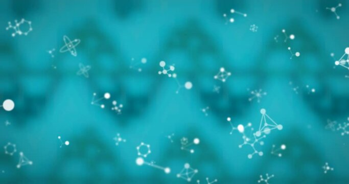 Digital animation of molecular structures against seamless pattern design on blue background