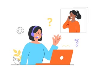 Technical support concept. Female hotline operator, customer support call center and online advice service. Answer to frequently asked questions. Cartoon flat vector illustration on a white background