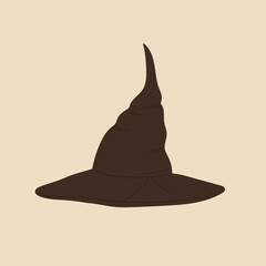 Fototapeta premium Brown old witch hat. Witchcraft attribute concept. Halloween decorative element. Vector illustration in cartoon style. Isolated on yellow background.