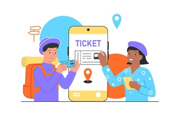Train ticket concept. Traveler man buying, booking train ticket online using smartphone. Conductor checks the pass to the vehicle. Cartoon flat vector illustration isolated on a white background