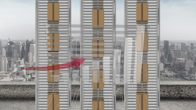 Red arrow moving upwards over delivery boxes on conveyor belt against cityscape