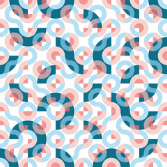 Cyan blue and soft red seamless Truchet vector repeat design. Geometric pattern for wallpapers, web page backgrounds, surface textures, fashion fabric, carpet design, curtains and home decor.