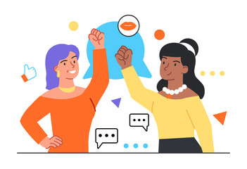 Women say concept. Two strong women with their hands raised in the air. Feminism and gender equality. Communication between friends. Cartoon flat vector illustration isolated on a white background