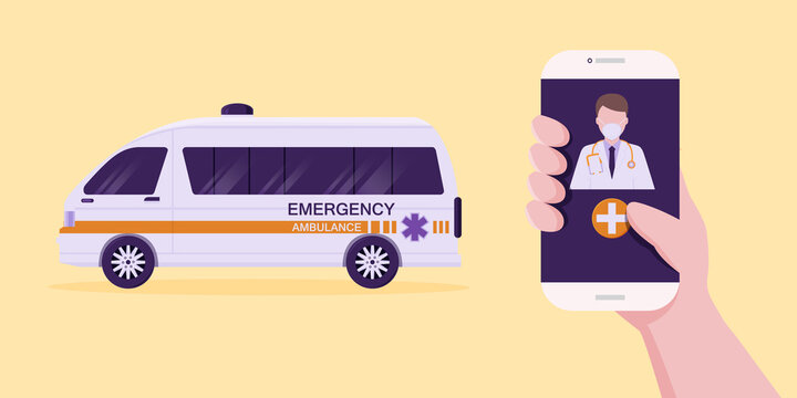 A man is using a smartphone to call an ambulance via the Internet.
Illustration about call an ambulance.
