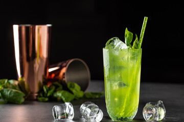 refreshing and light basil summer cocktail with ice cubes