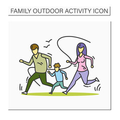 Obraz premium Family running color icon. Family marathon. Parents and kid exercise outdoors. Mother, father and offspring activity concept. Healthy lifestyle. Isolated vector illustration