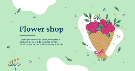 Flower shop web banner. Vector hand-drawn bouquet of pink flowers. Beautiful vector illustration for floristry/