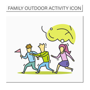 Family outdoors activities color icons set. Parents and kids playing,walking, having picnic in nature.Family leisure and togetherness concept. Isolated vector illustrations