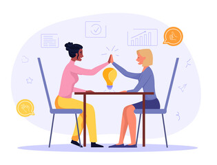 Giving five concept. Two women are sitting at a table and coming up with an idea for a business. Successful cooperation and teamwork. Cartoon flat vector illustration isolated on a white background