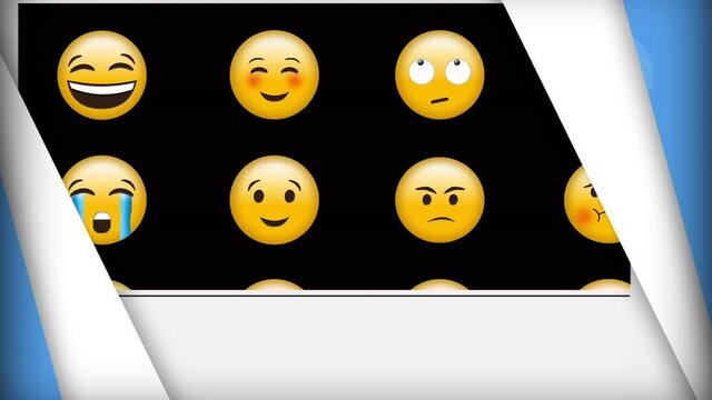 Animation of different emojis icons over moving lines on wite background