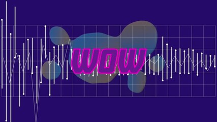 Animation of wow text over colorful blots and moving lines and grid on blue background - Powered by Adobe
