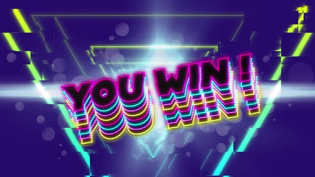 Animation of you win text over colorful lights and shapes on blue background