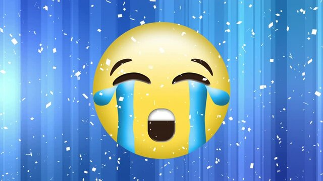Animation of sad emoji icon over falling confetti on blue background