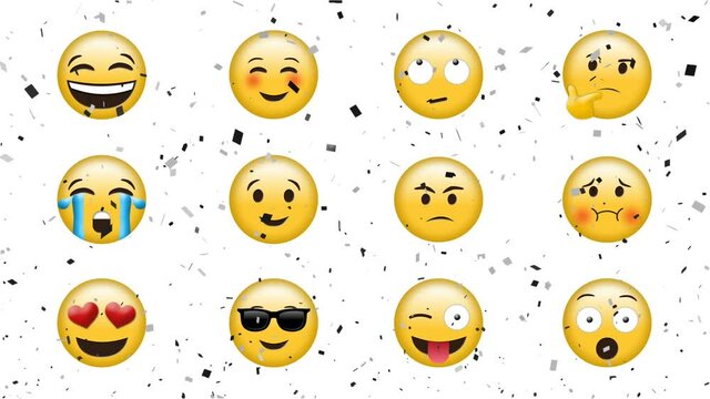 Animation of emojis icons over falling confetti on white background