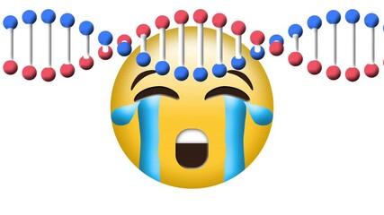 Digital animation of dna structure spinning over crying face emoji against white background