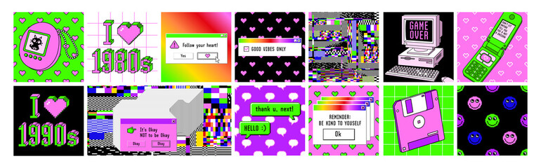 Old computer aesthetic 1980s -1990s. Square posters. Sticker pack with retro pc elements. Pixel art. - obrazy, fototapety, plakaty
