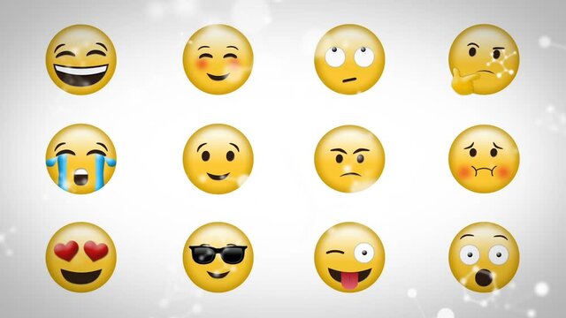 Digital animation of molecular structures floating over multiple face emojis against grey background