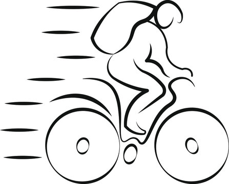 Fast delivery conceptual icon

Delivery man riding a bicycle in a helmet with a large backpack. Sketchy simple black and white vector image in logo style.
