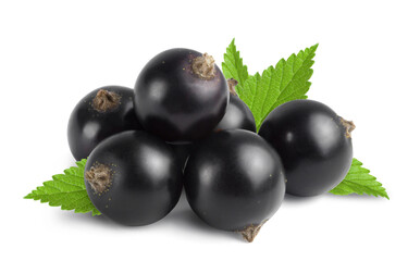 Ripe black currant with green leaf isolated on white background. Fresh juicy berries.