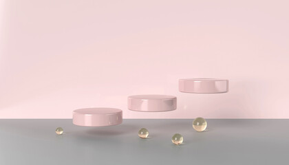 Pink 3d floating podium set with glass balls