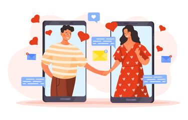 Man and woman lovers concept. Texting messages chatting via online video call in mobile phone dating app. Long distance date. Cartoon modern flat vector illustration isolated on a white background