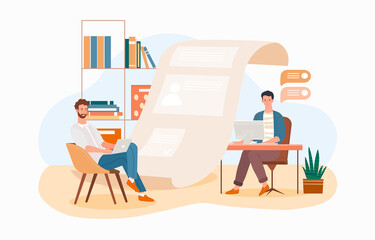 Office workers concept. Man office workers standing in front of list of job applicants. Employees choose a new colleague in the company. Cartoon flat vector illustration isolated on a white background