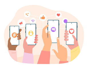 Use smartphones concept. Young people surfing in social media. Comment, write, rate. Female and male characters talking in mobile app. Cartoon flat vector illustration isolated on a white background