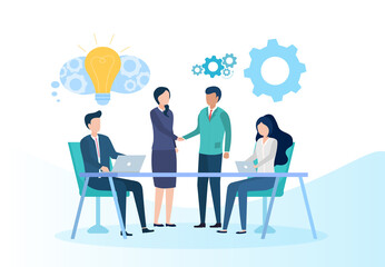 People working together concept. Business men and women hold a conference in the office and discuss the details of cooperation. Metaphor for teamwork and partnership. Cartoon flat vector illustration