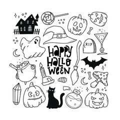set of Halloween hand drawn doodles isolated on white background. Good for coloring pages, sheets, prints, stickers, planners, cards, etc. EPS 10