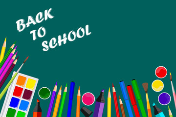 Inscription Back to school in chalk on blackboard, office supplies. Pencils, paints, markers, markers, brushes, gouache. Banner for advertising stationery. Knowledge Day. Vector illustration