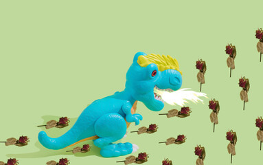 A blue plastic toy dinosaur burns roses. On bright green background.  Minimal funny concept. Creative copy space.