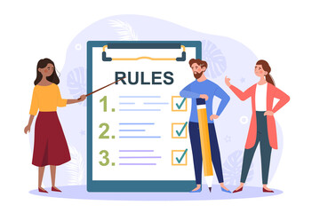 List of rules concept. Employees of the company stand next to large list and study it. Regulation of behavior in the team. Cartoon modern flat vector illustration isolated on a white background