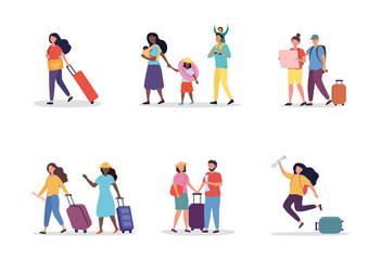 Fototapeta na wymiar Set of scenes with tourists. People going on summer vacation, journey, trip. Young people, families with children, men, women, luggage and tickets. Cartoon flat vector collection on a white background