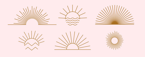 Fototapeta Sun logo design templates. Vector set of linear boho icon and symbols. Minimalistic line art design elements for decorating, social network, and poster. Abstract collection isolated on pink background obraz