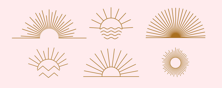 Sun logo design templates. Vector set of linear boho icon and symbols. Minimalistic line art design elements for decorating, social network, and poster. Abstract collection isolated on pink background