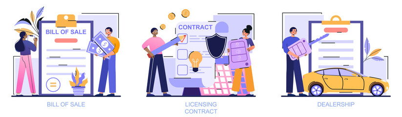 Business documents abstract concept. Bill of sale, licensing contract, dealership. Men and women read and sign legal documents. Cartoon flat vector illustration set isolated on a white background