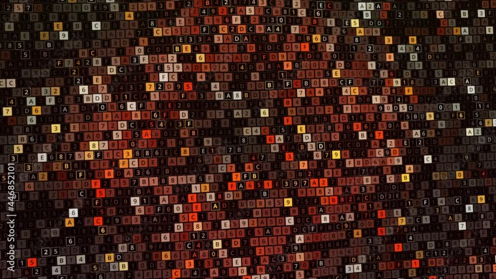 Poster waving canvas of many rows of squares with digital changing big data, seamless loop. animation. colo