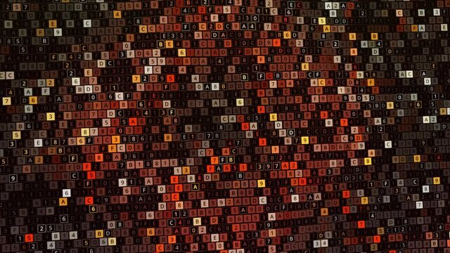 Waving canvas of many rows of squares with digital changing big data, seamless loop. Animation. Colorful mosaic texture with blinking numbers and letters.