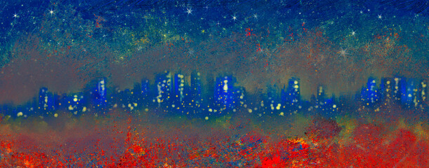 Abstract oil painting landscape. Colorful blue sky. Semi abstract city, colorful background 