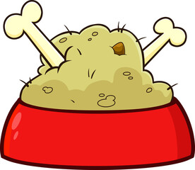 Cartoon Red Dog Bowl With Animal Food And Bones. Vector Hand Drawn Illustration Isolated On Transparent Background