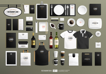 Realistic Brand identity Mockup set for Cafe and Restaurant with vector tableware stationery items. Branding mockup of Red and white wine bottle, restaurant sign, uniform, paper cup, food packaging 