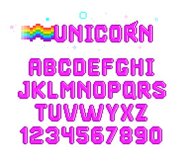 Pixel art 8 bit game type font on white background. 80s - 90s retro video game style type font design