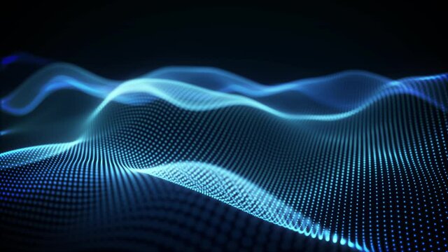 抽象的なテクノロジーの背景。青のパーティクルの波。3Dレンダリング。ループ素材。