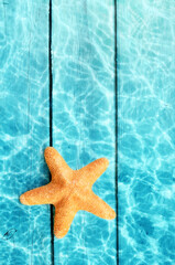 Fototapeta na wymiar Starfish on the summer beach in sea water and background from boards. Summer background.