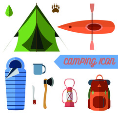 set of camping icons, summer journey, camp equipment.