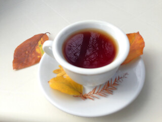 Cup of tea with autumn leaves, reflection of sky and trees inside the cup, on white table. 